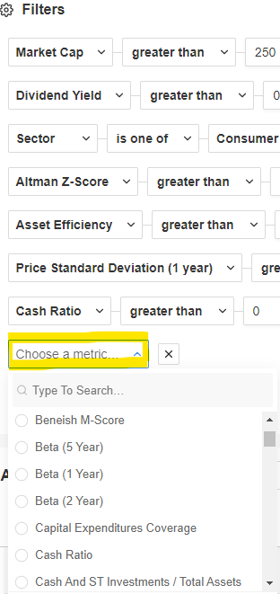 Filters - Choose a metric