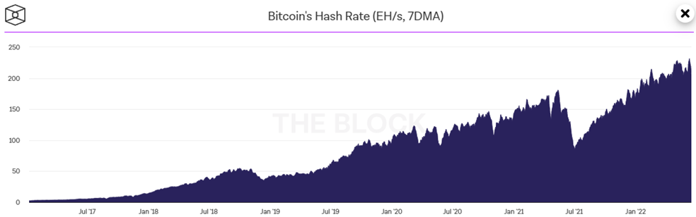Tasa de hash de Bitcoin (EH/s, 7DMA)