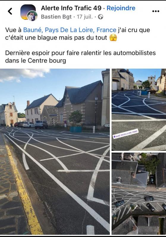 ¿Genialidad o estupidez? Un pueblo francés desorienta a los conductores con líneas entrecruzadas